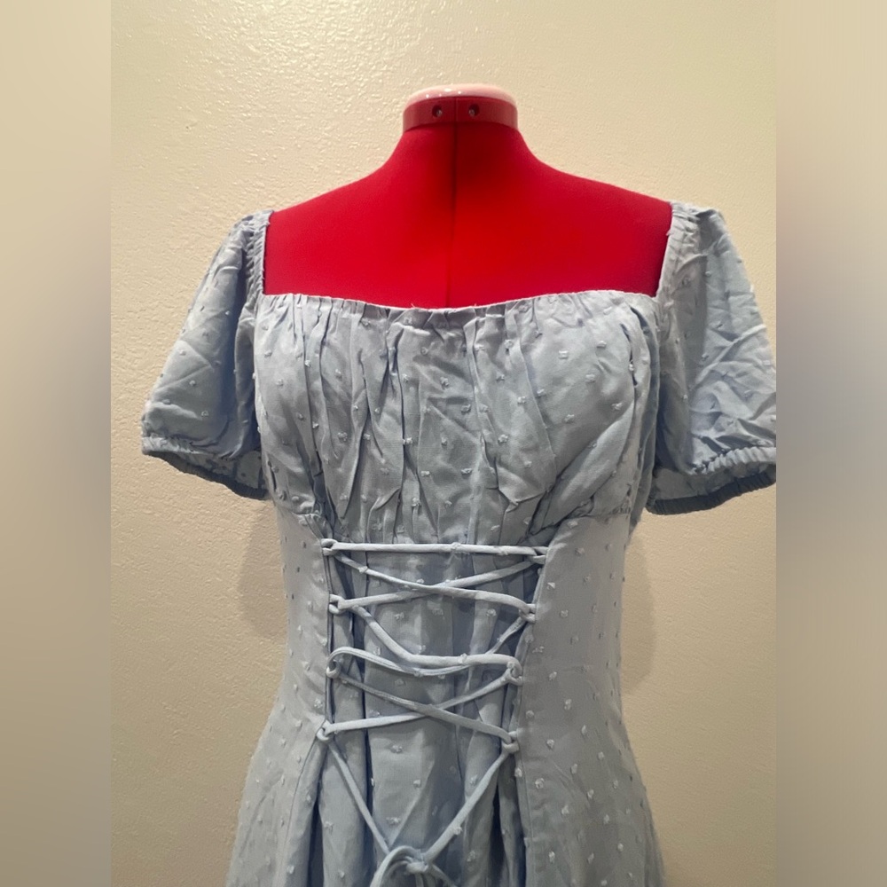 Light Blue Puff Sleeve Tie-Front Summer Dress - Picture 6 of 16